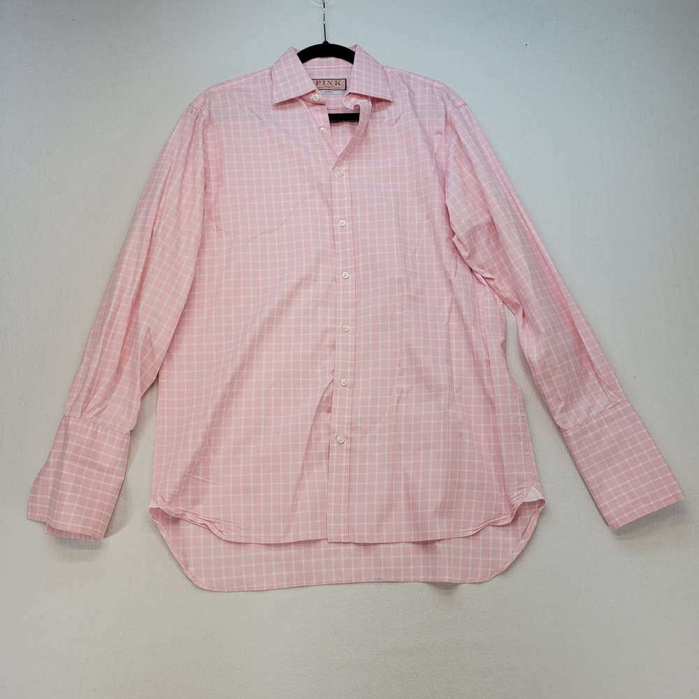 Thomas Pink Dress Shirt Mens 15.5 34 Pink Check French Cuff Formal Button Up